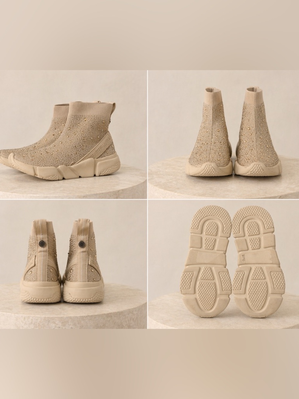 Steve Madden Crystal-Embellished Beige Knit Sock Sneakers